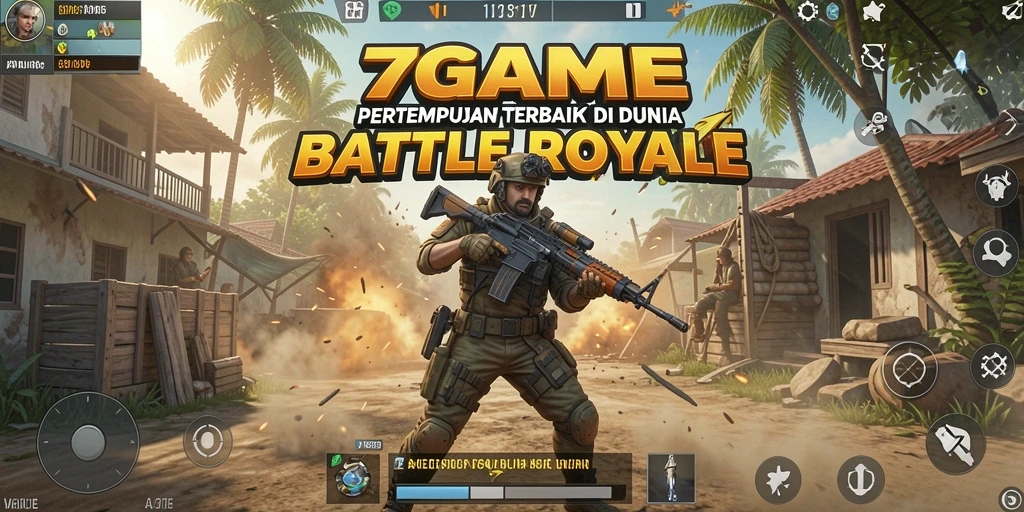 Screenshot utama 7GAME menunjukkan aksi seru di medan perang Battle Royale.