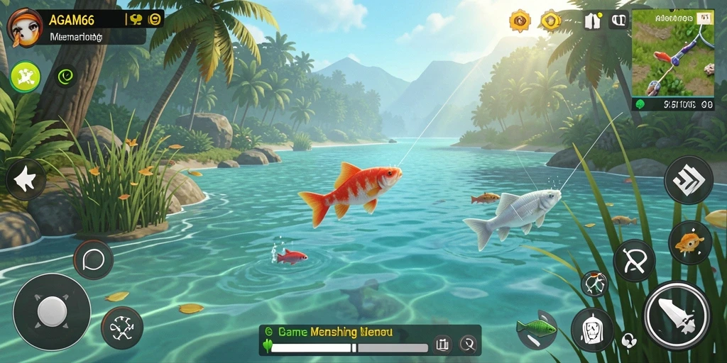 Tampilan gameplay AGAM66 dengan pemandangan indah saat memancing.
