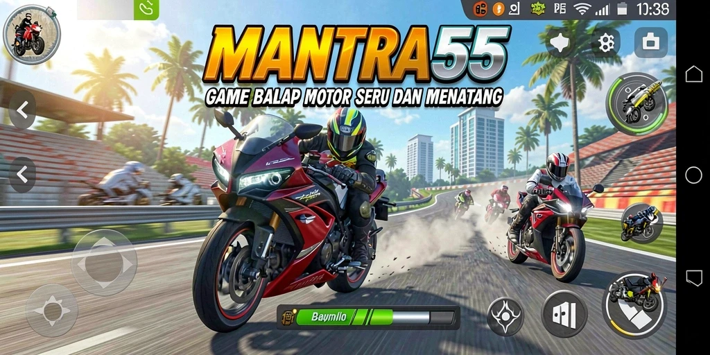 Screenshot gameplay MANTRA55 dengan balapan motor yang seru.